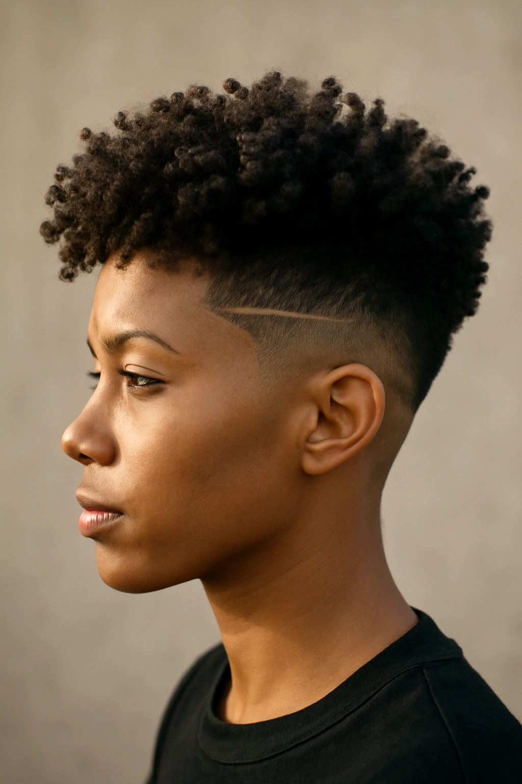 Side view of high-fade undercut with curly crown