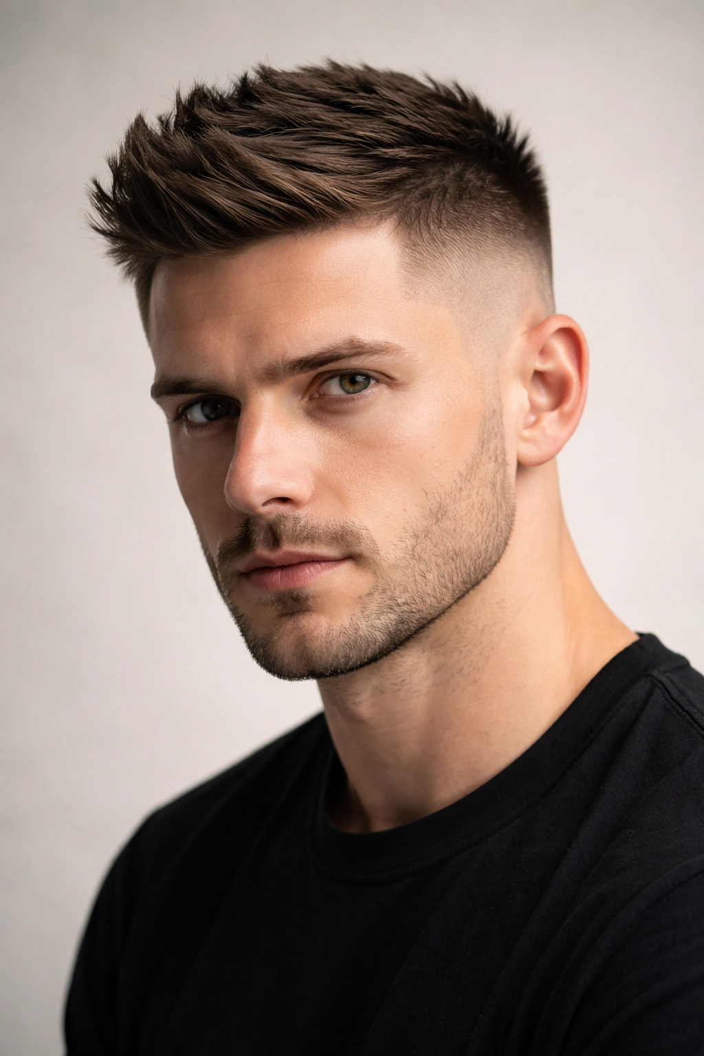 Close-up of a man with a high fade undercut and textured top in studio lighting
