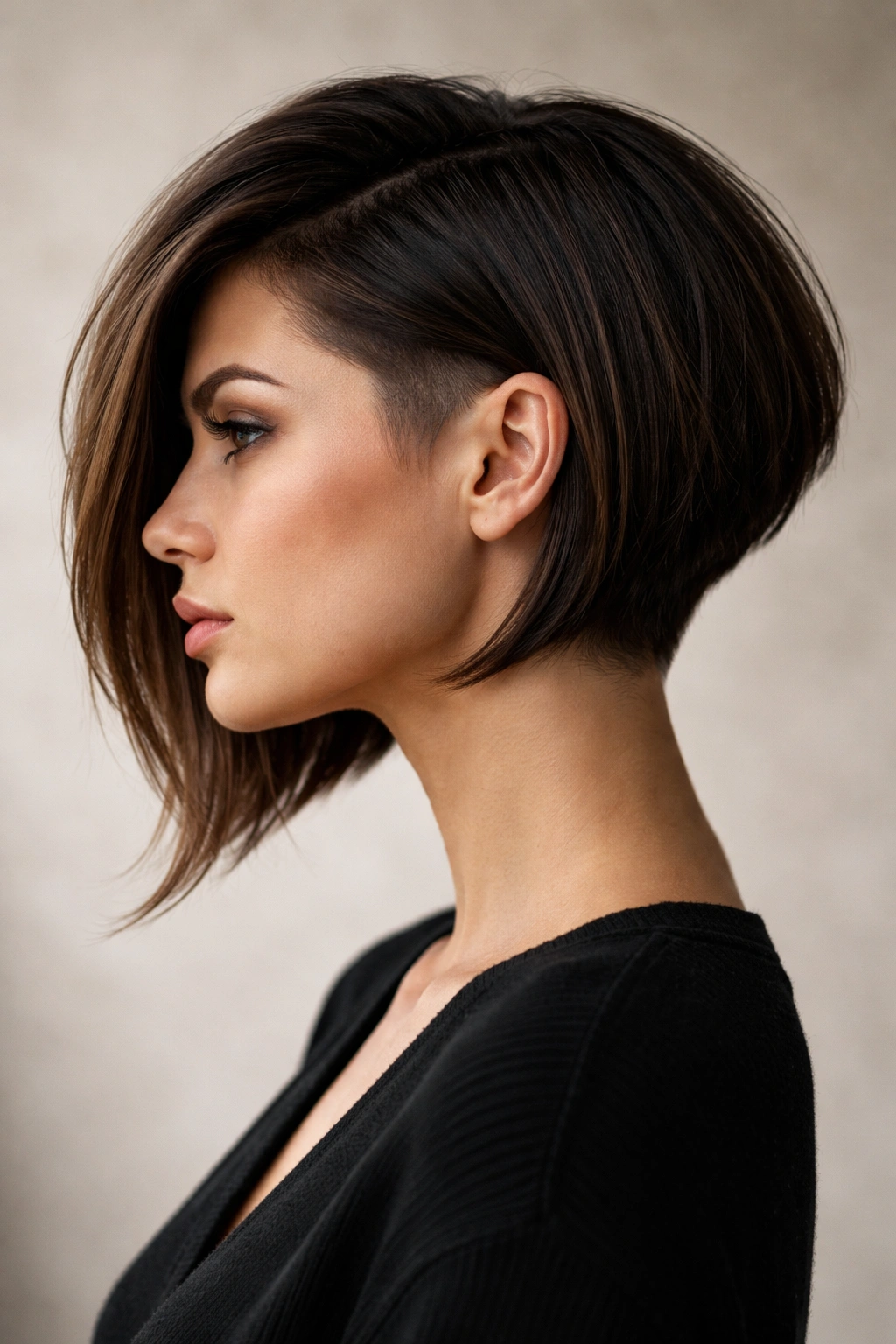 Side-profile of a high-low asymmetrical bob showing an undercut and length contrast.