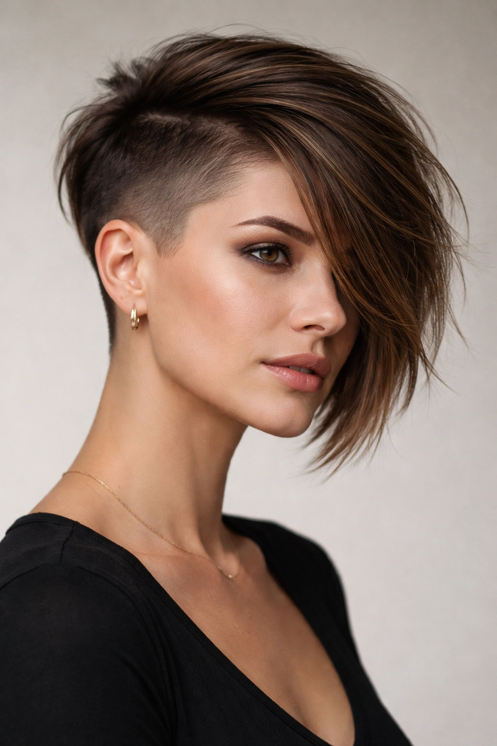 Portrait showing a high-low asymmetrical crop with extreme length contrast