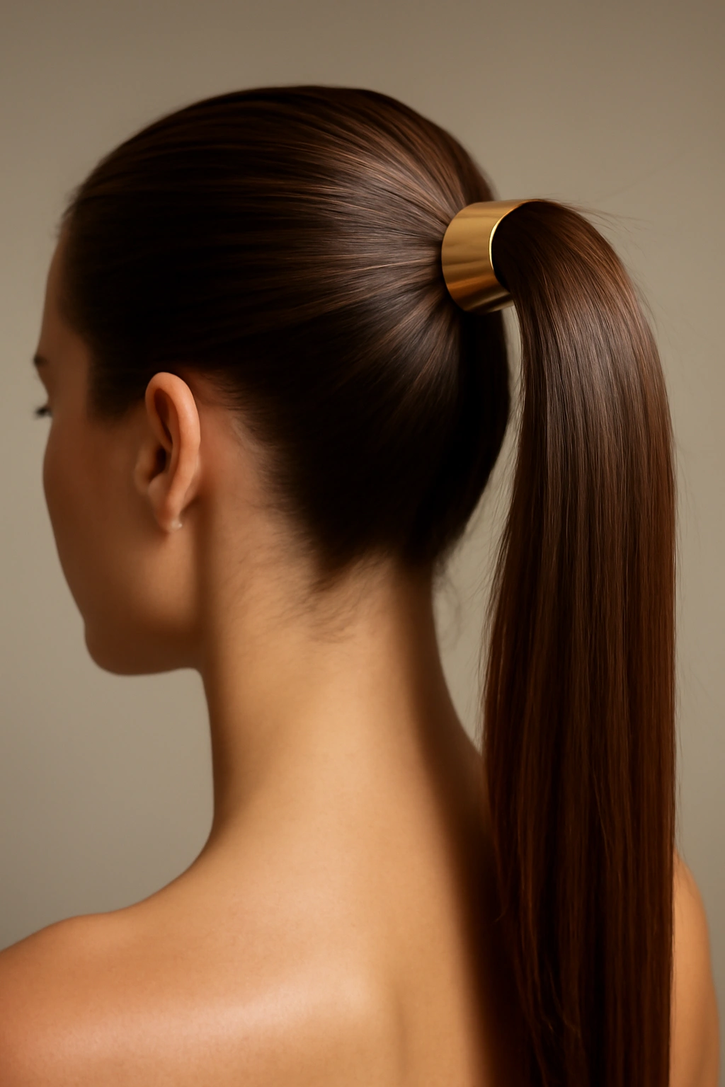 High ponytail with geometric cuff at the base