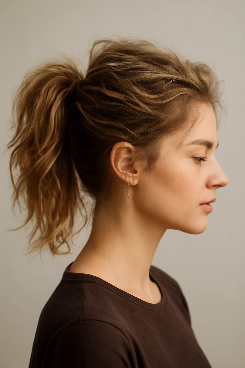 High ponytail with tousled texture and waves at the crown
