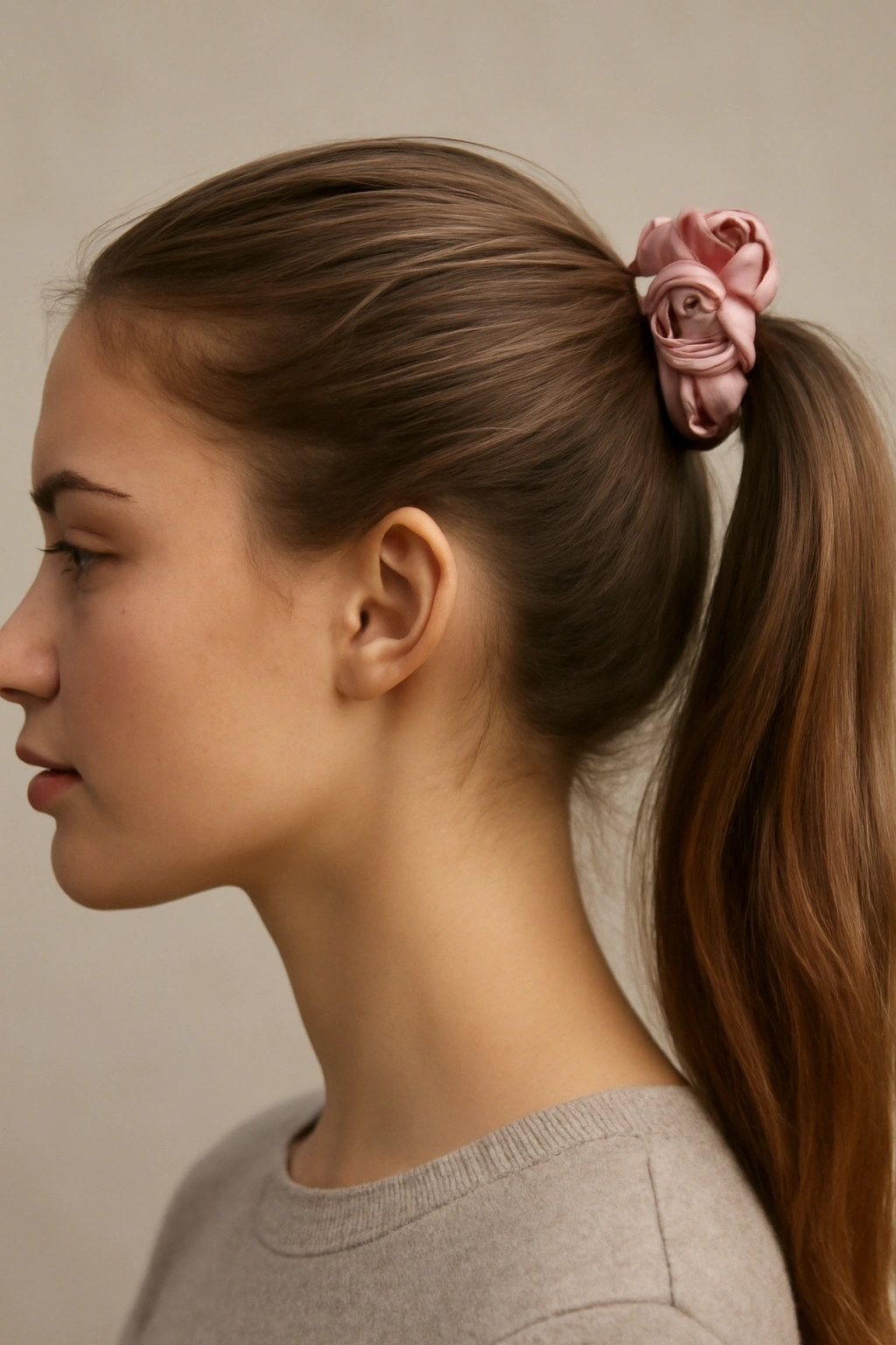 High ponytail at the crown with a decorative accessory at the base