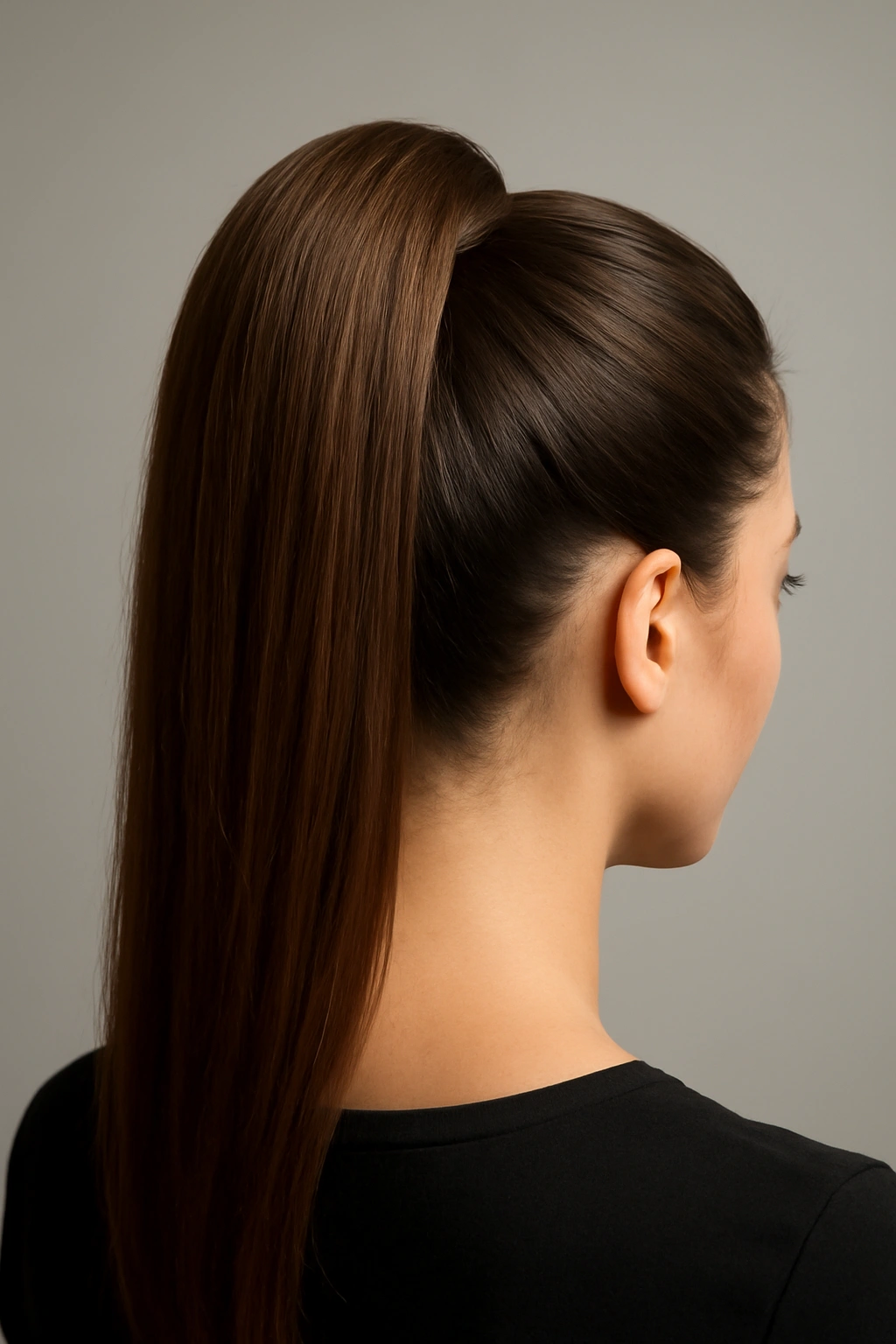 Sleek high ponytail with crown volume