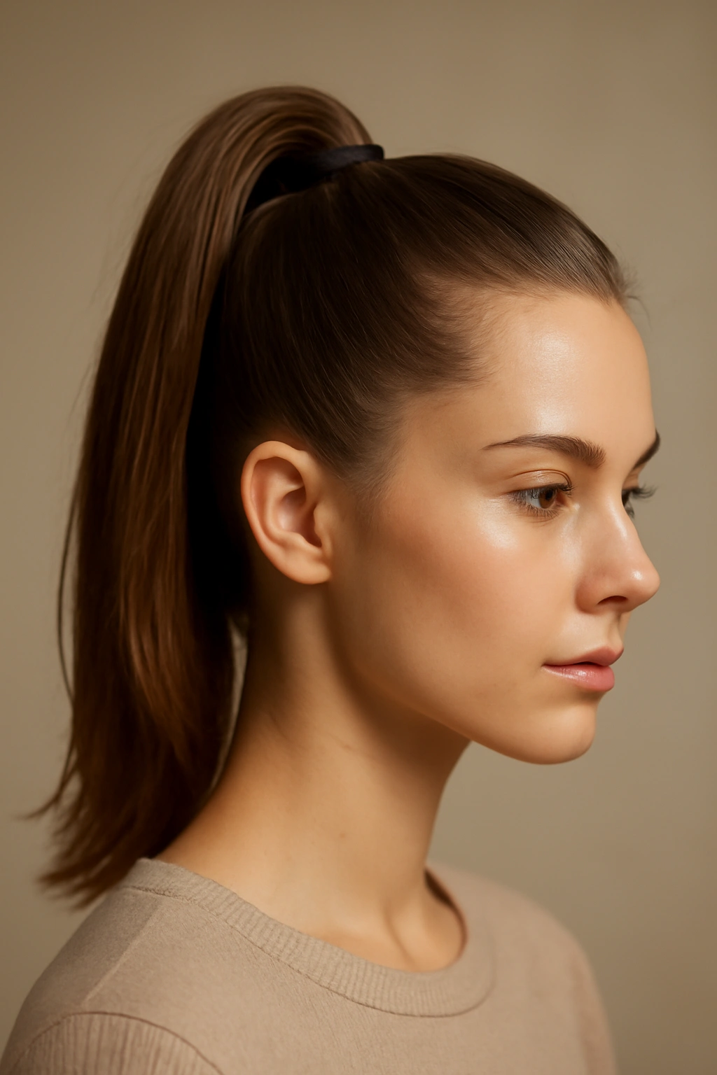 Close-up of a high ponytail at the crown with lifted roots and sleek hair.