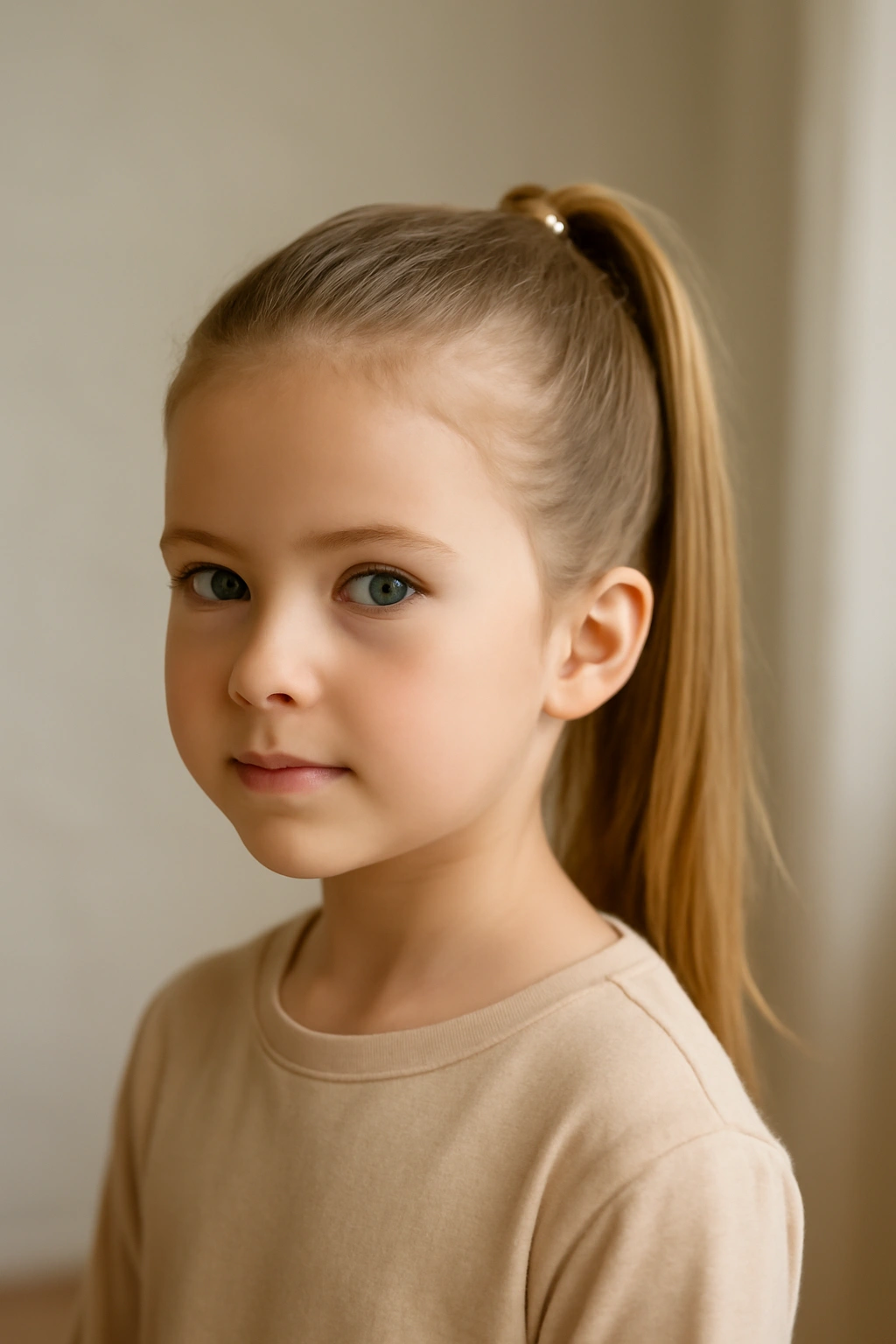 Close-up of a child's sleek high ponytail secured at the crown