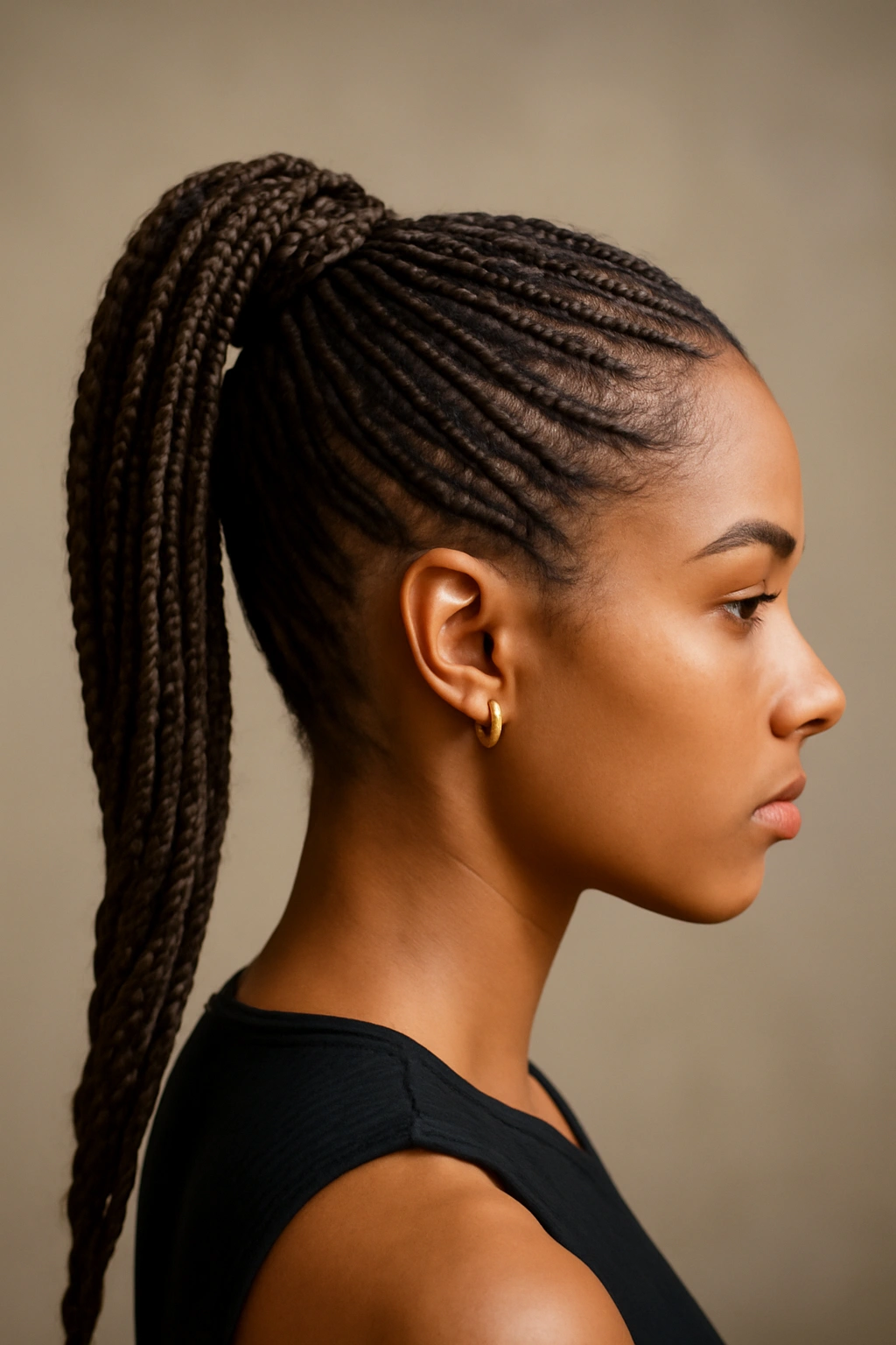 High ponytail of micro braids with nested braid detail.