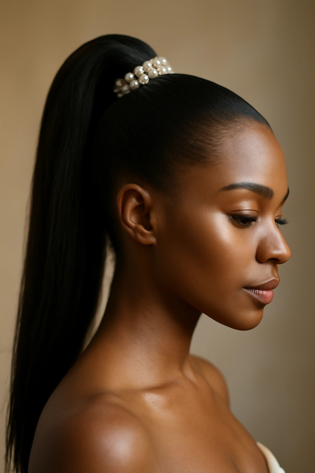 Close-up of a sleek high ponytail with pearl cuff