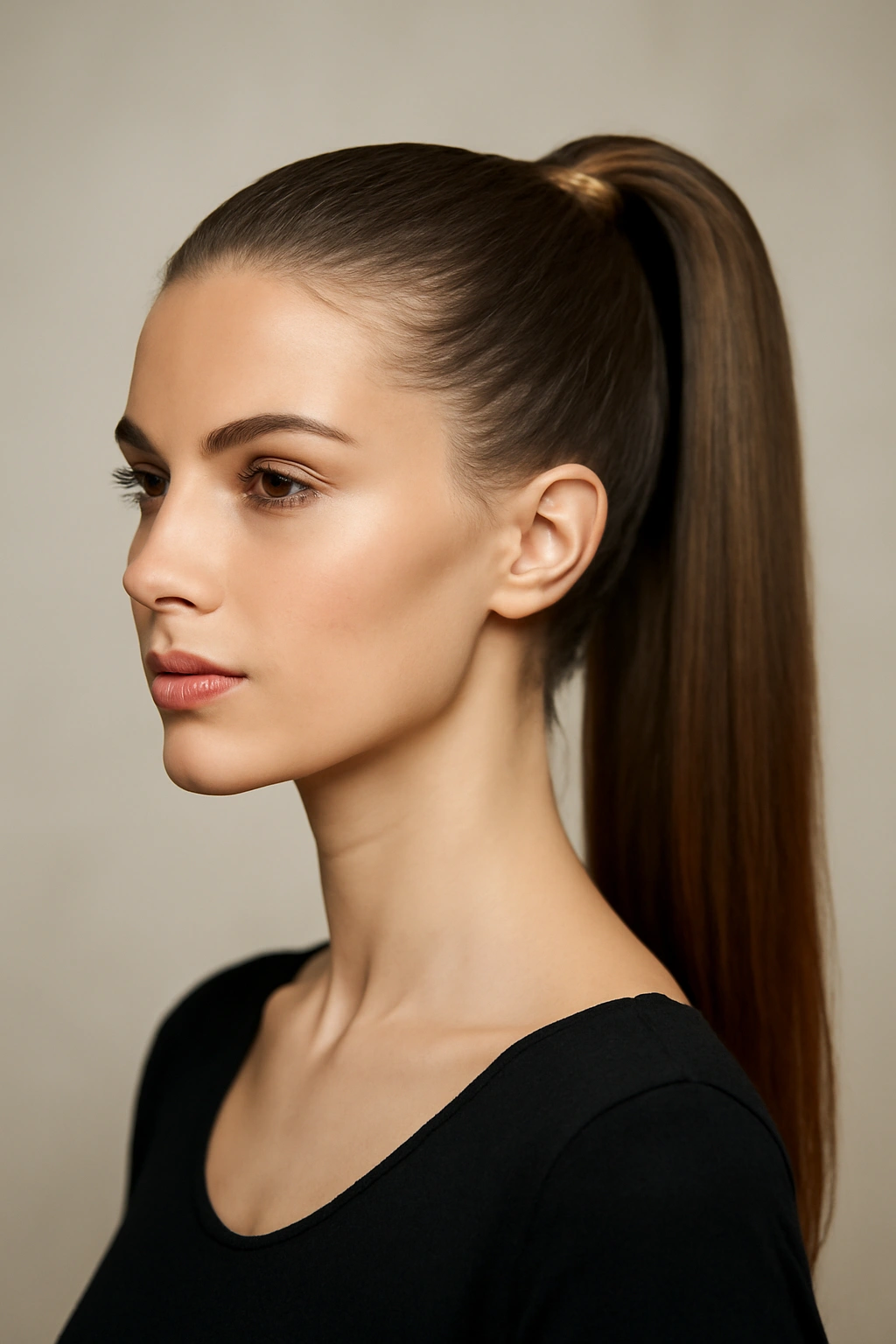 Close-up of a classic high ponytail at the crown, sleek and polished hair