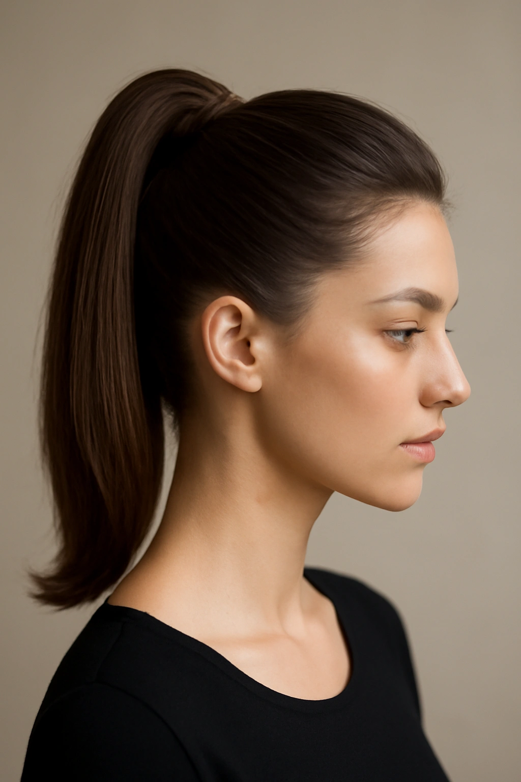 Close-up of a short-haired model with a sleek high ponytail and crown volume.