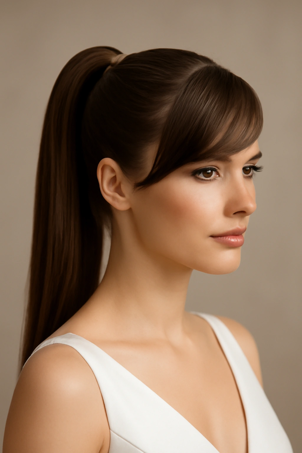 Bridal portrait featuring a polished high ponytail with side-swept bangs