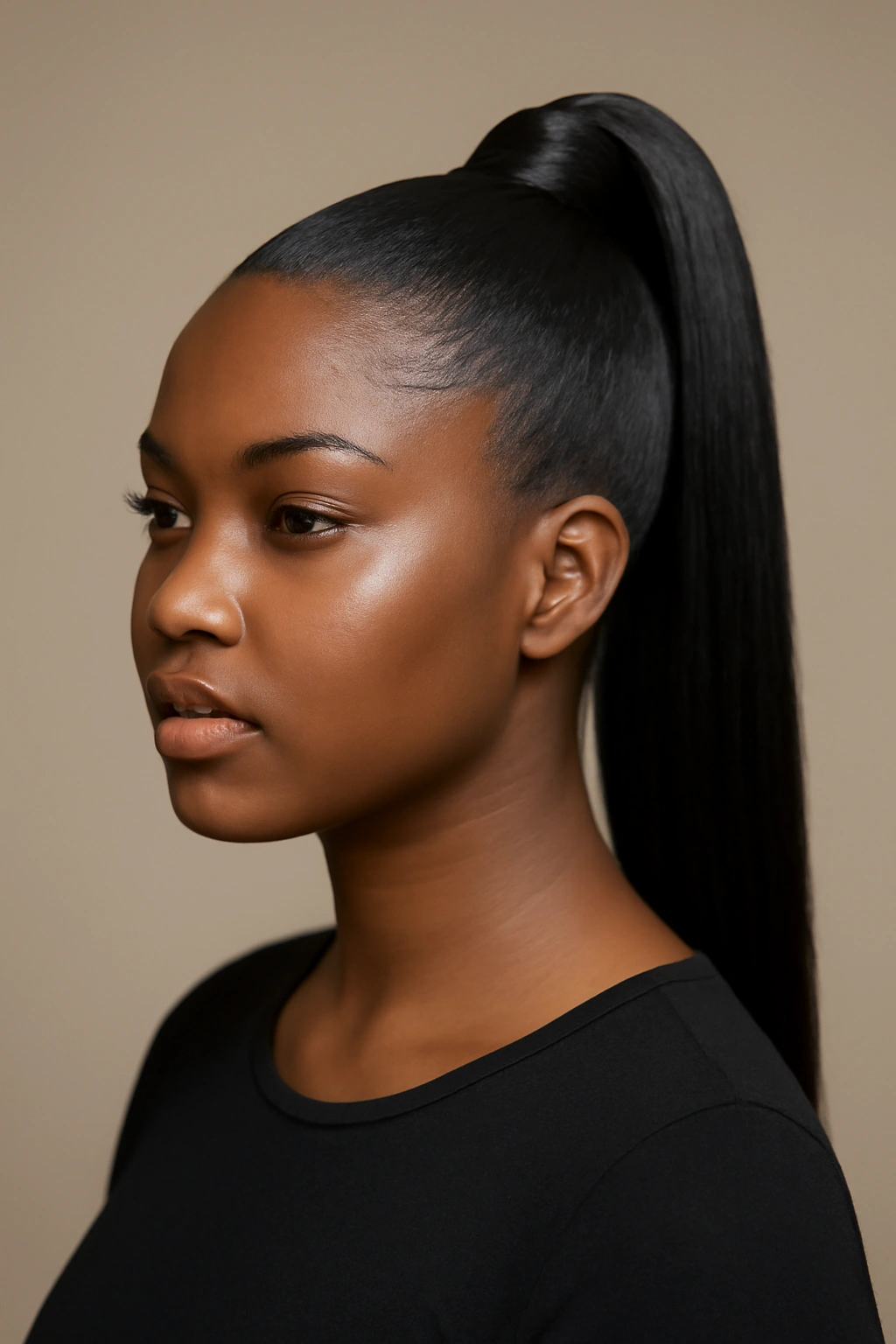 Portrait of a Black woman with a high slicked ponytail
