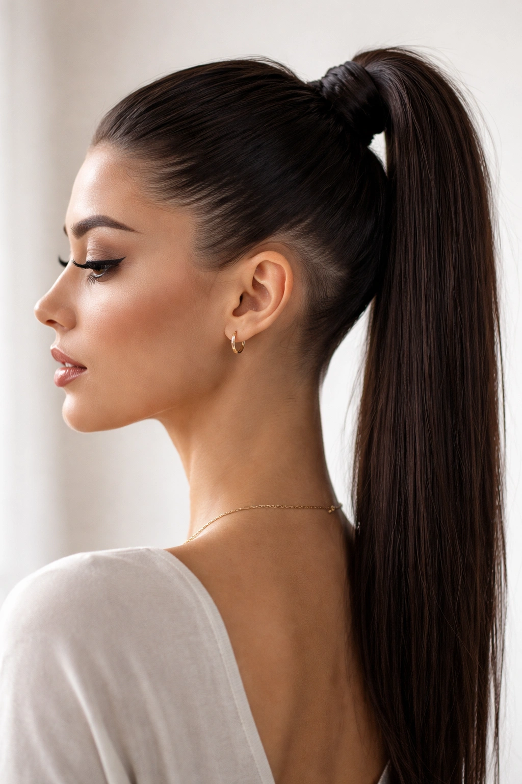 High ponytail with undercut showing crown lift and side shaved area