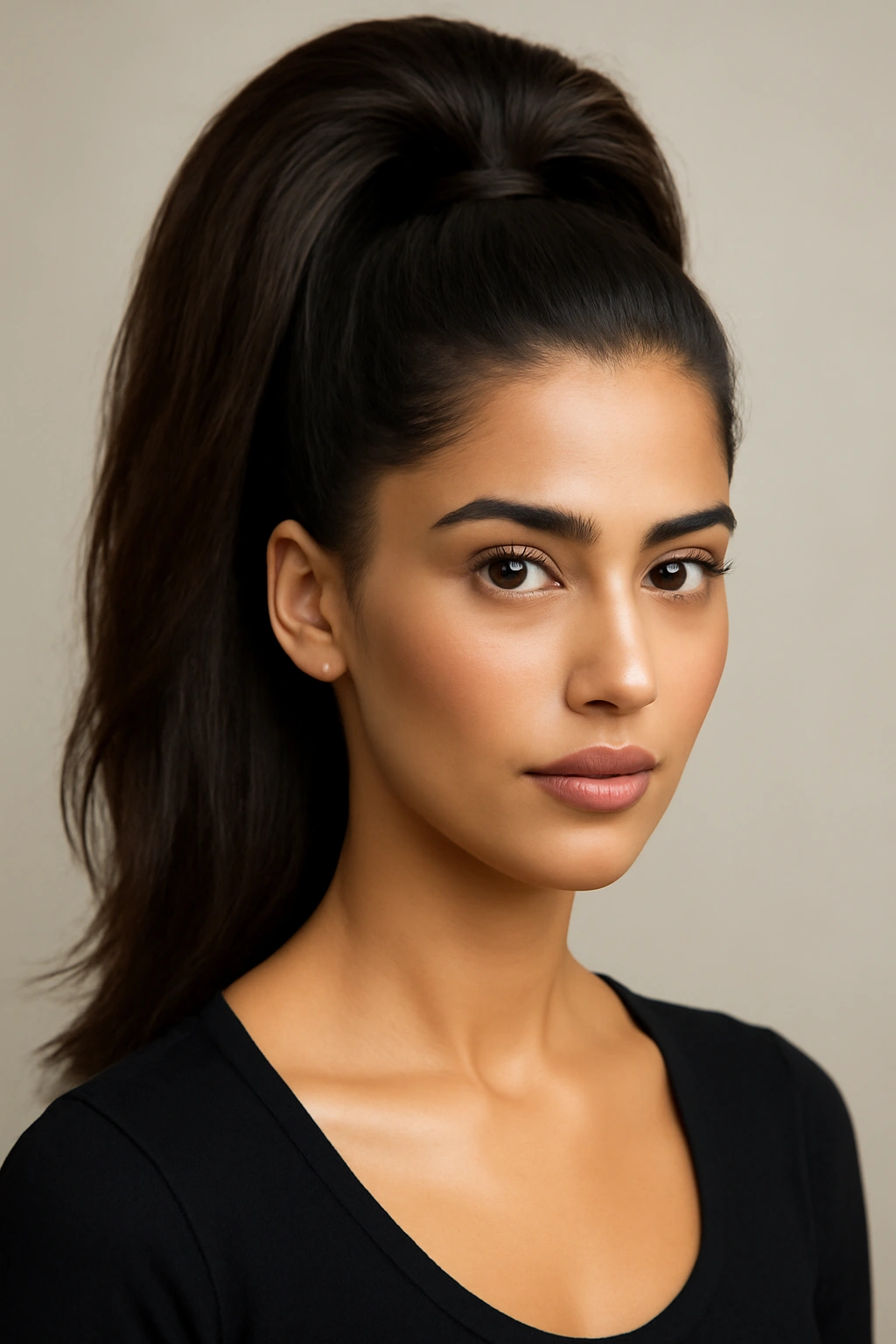 Voluminous high ponytail with lifted crown and glossy hair