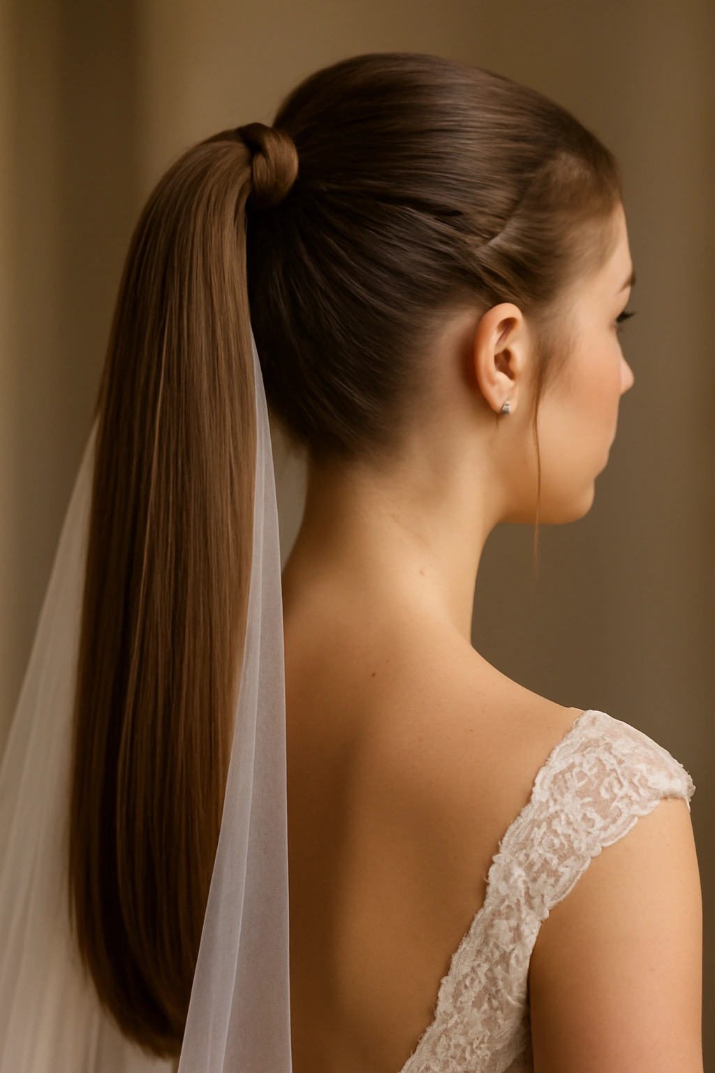 Close-up of a bridal high ponytail with braids and wrapped base