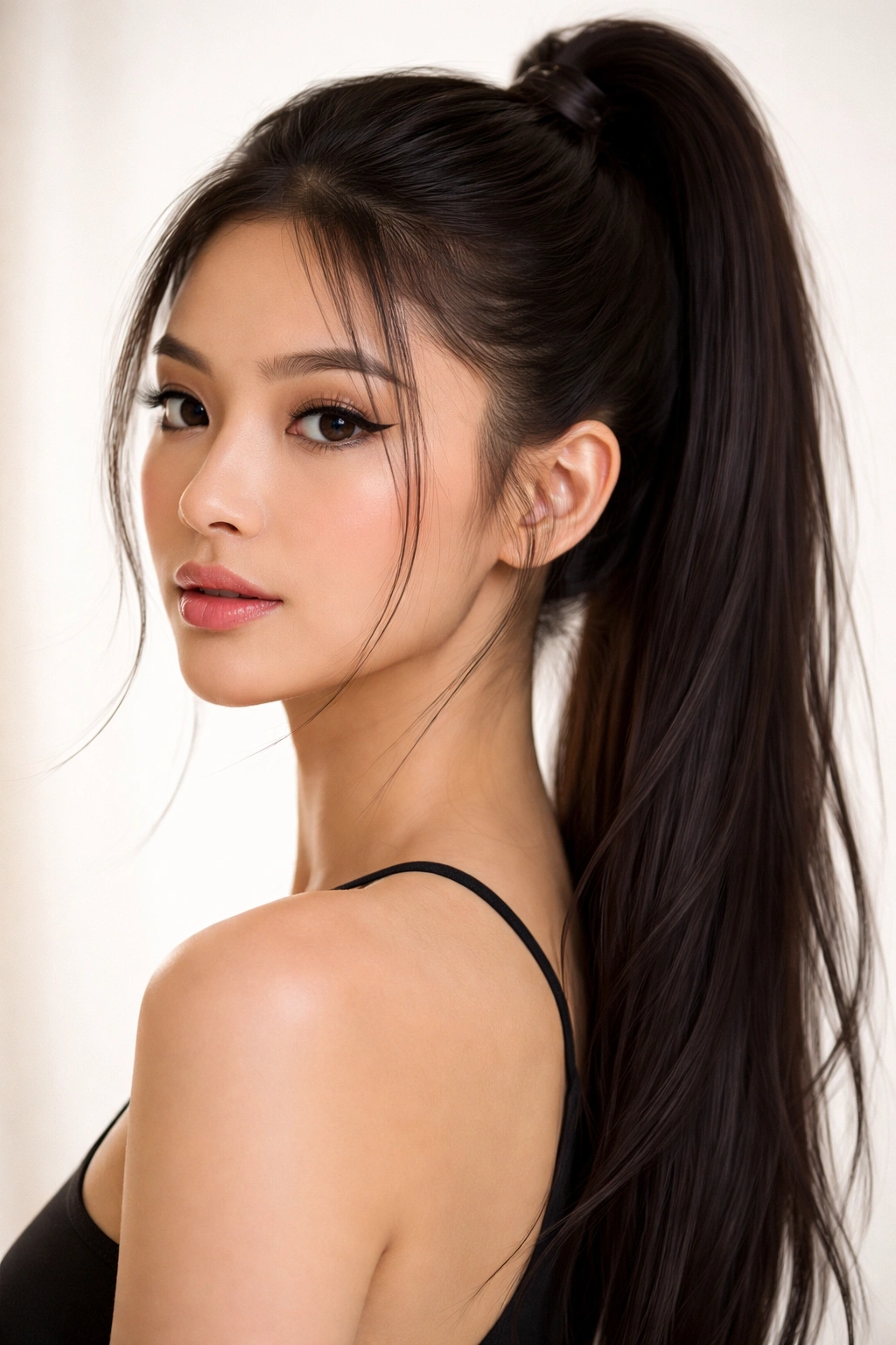 High ponytail with delicate wisps around the face for soft framing