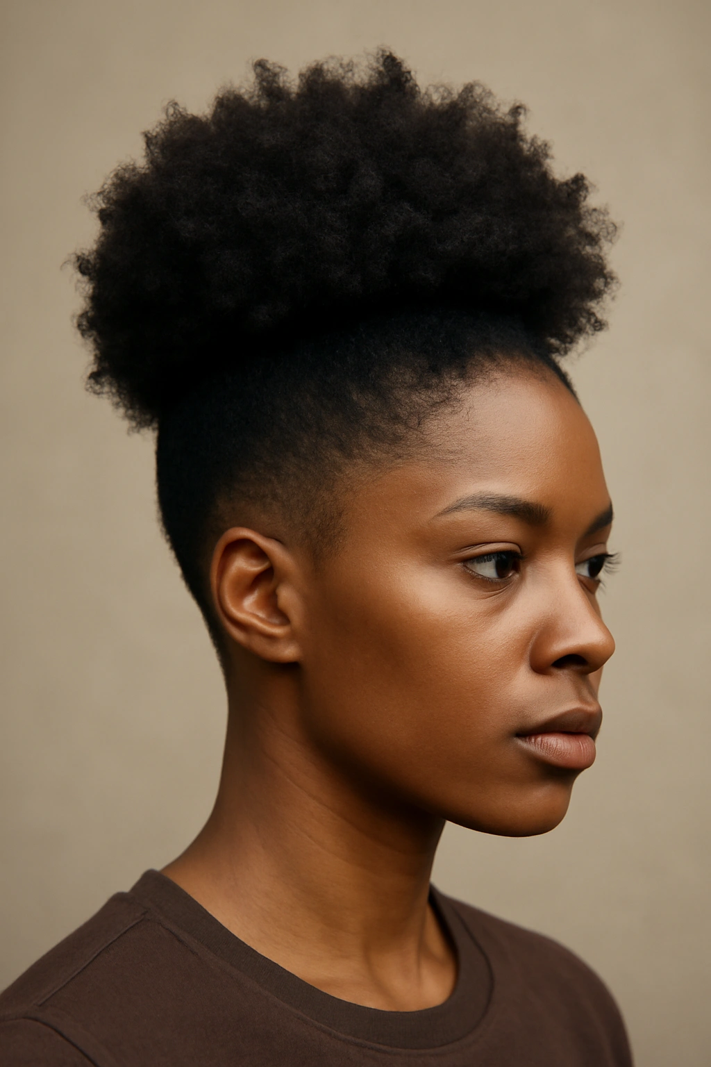 Close-up of a high puff with tapered undercut on 4C hair, showing dense coils and crown volume.
