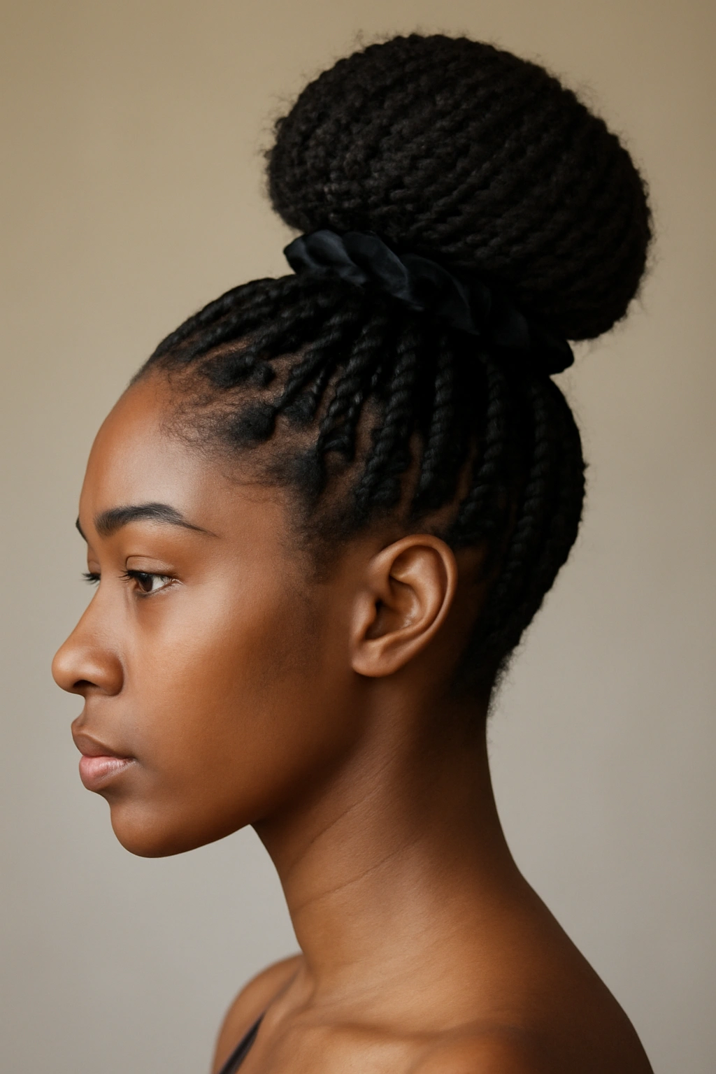 Side profile of a high puff bun made from box braids