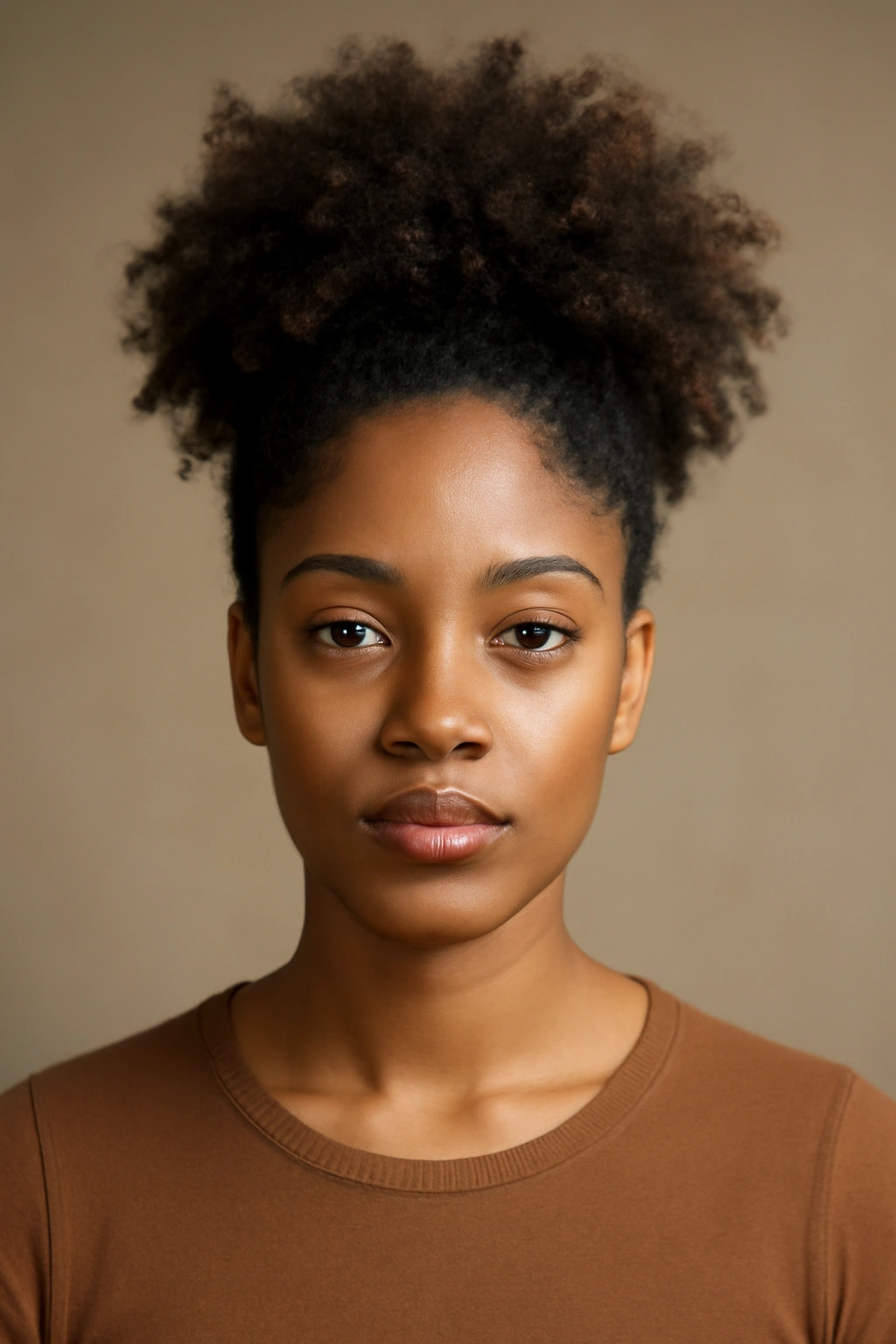 Front view of a high puff hairstyle with a voluminous crown of curls