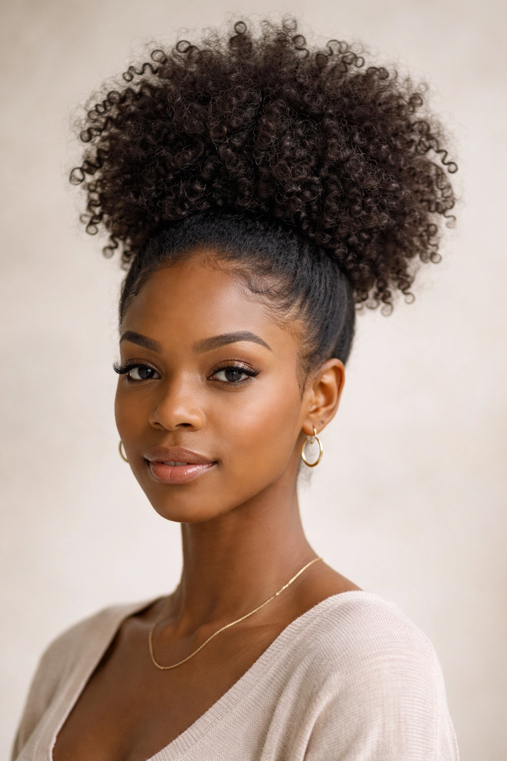 High puff hairstyle with hair piled into a crown-like ponytail