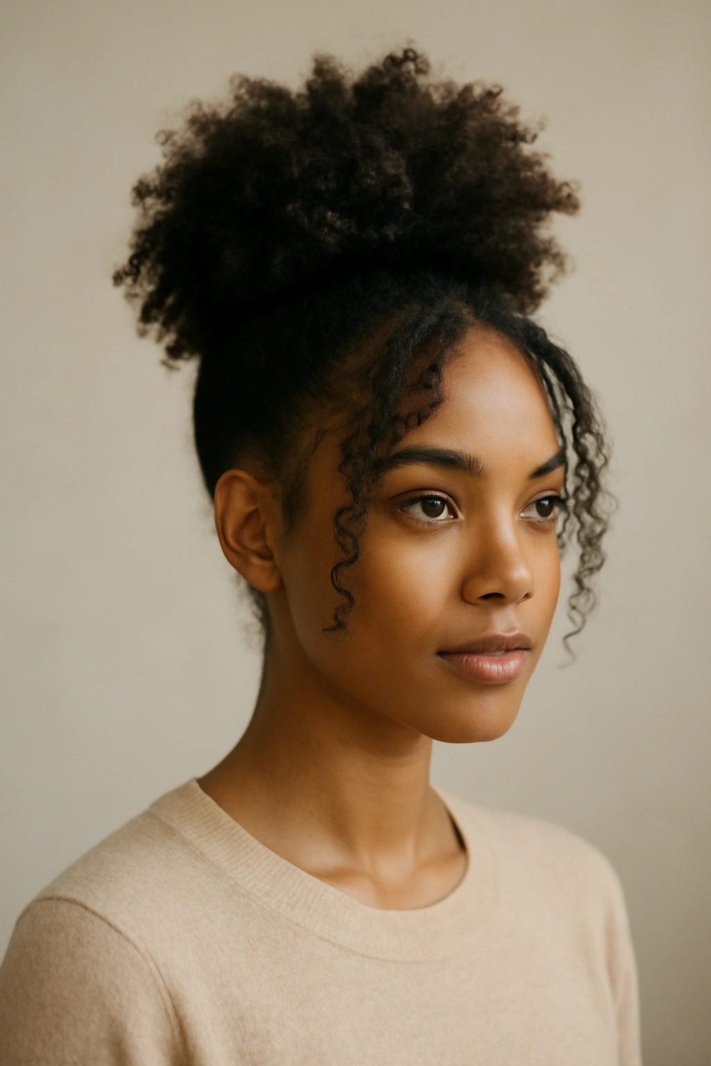 Close-up of the high puff with front layers showing voluminous crown and face-framing layers