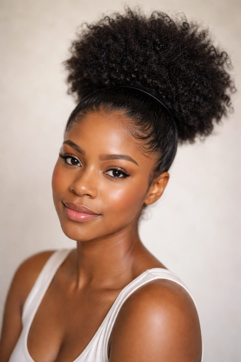 High puff hairstyle on natural hair with a rounded crown, protective updo