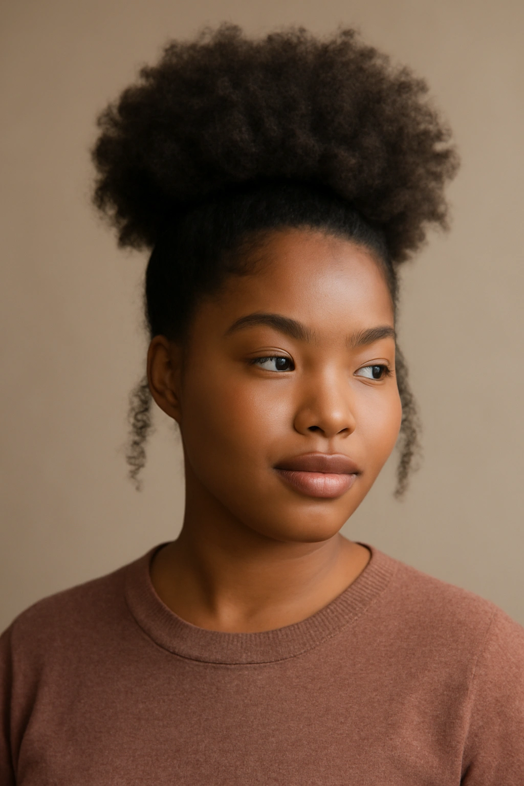 High puff hairstyle with crown-height and face-framing lower layers