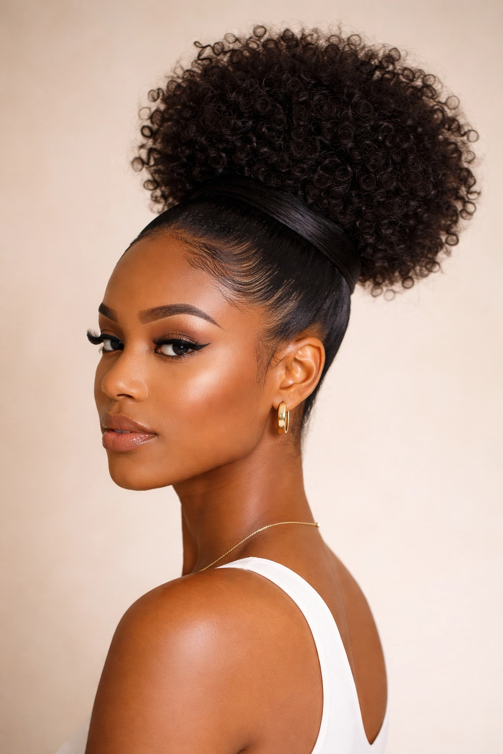 Side profile of a high puff hairstyle with a wrapped base