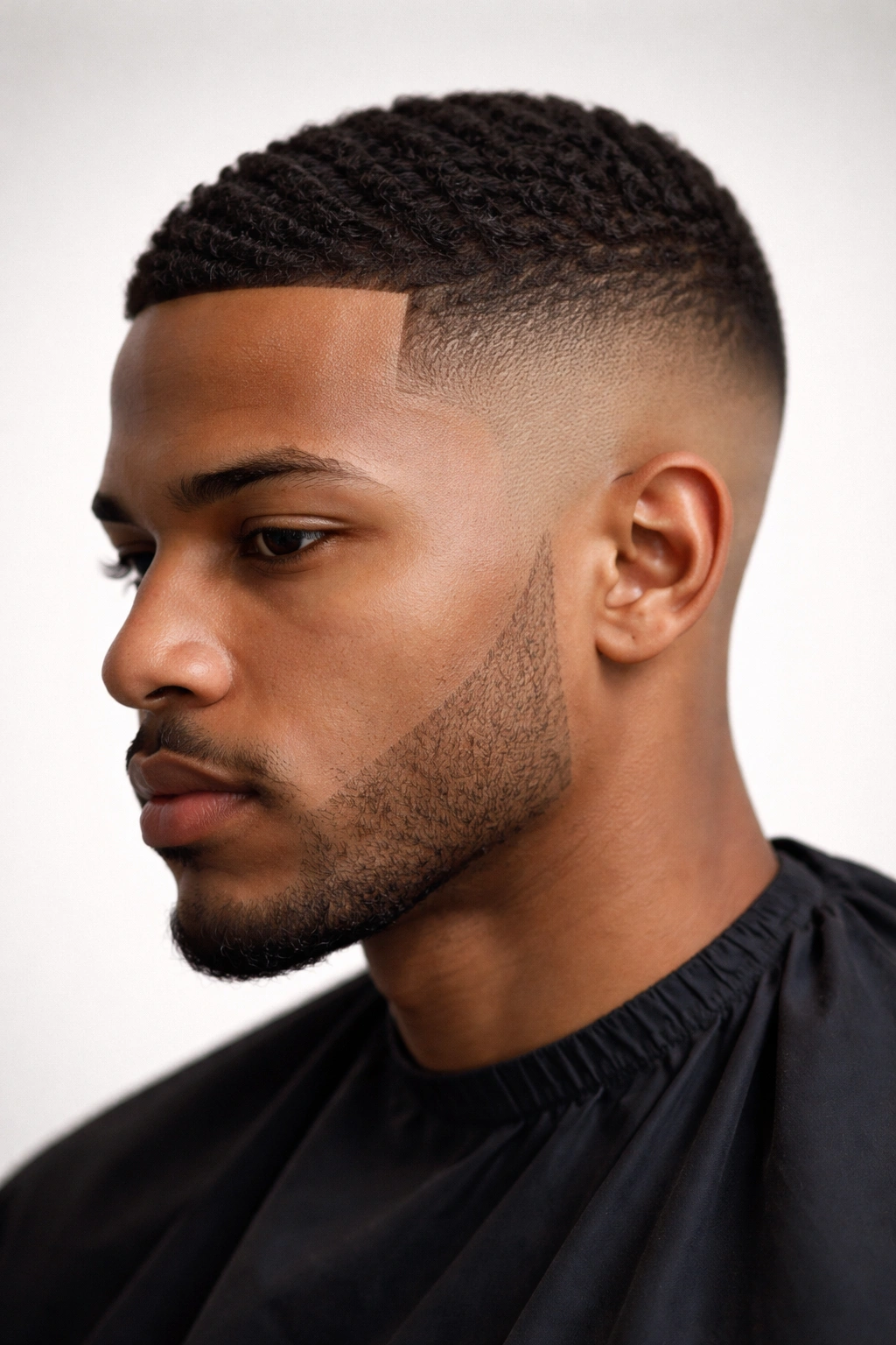 Dramatic high temple fade with elevated taper and exposed skin at temple