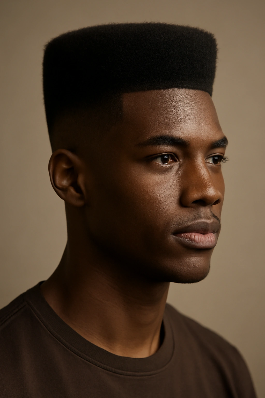 Portrait of a person with a high-top fade, tall top and fade on the sides