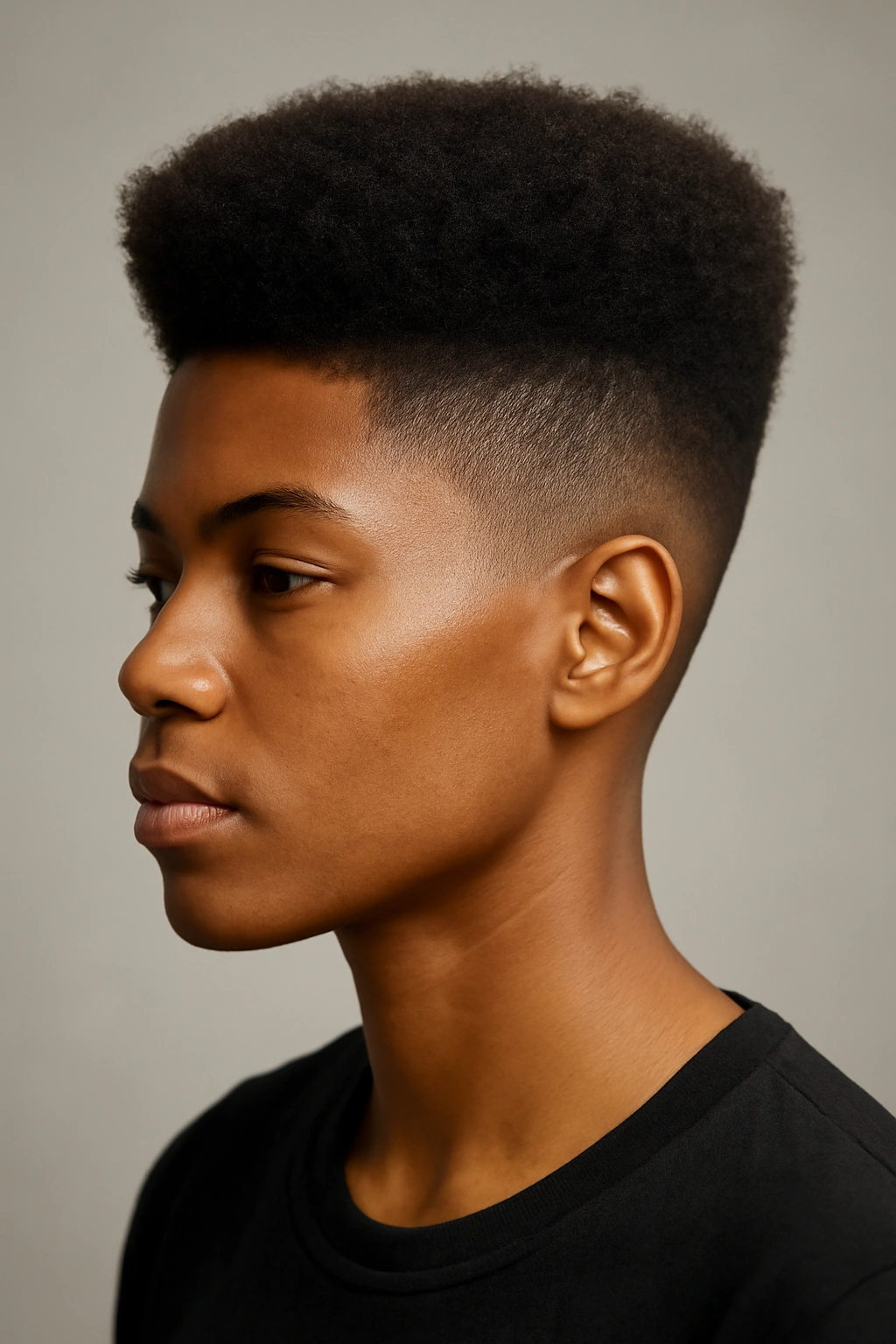 Profile view of a high-top fade with a textured top and faded sides