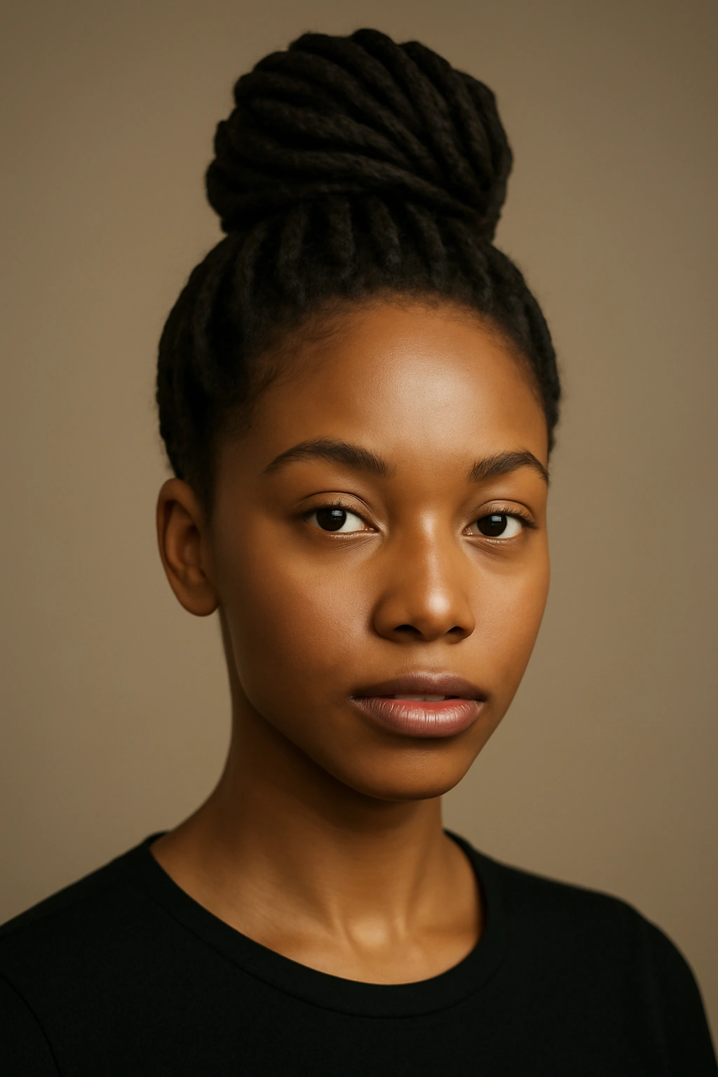 Close-up of a high-top knot locs crown at the crown with textured locs