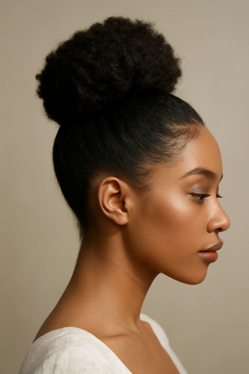 Gathered high top knot with swooped sides on natural hair bridal updo