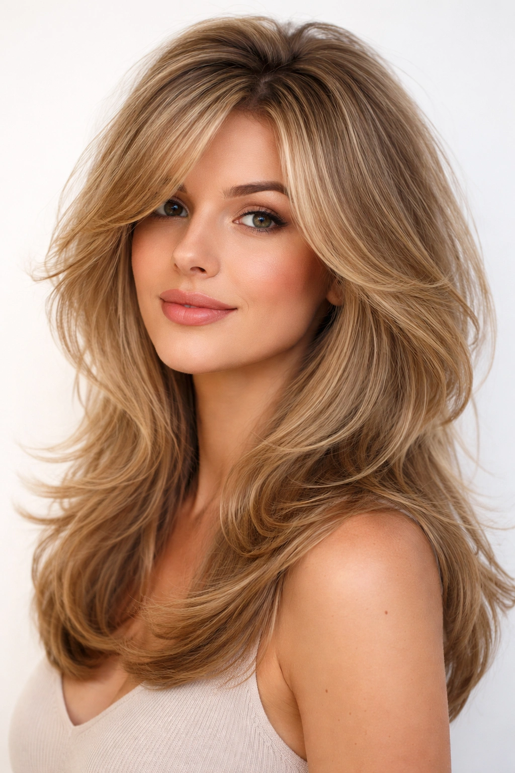 Head-and-shoulders portrait showing crown lift in high-volume butterfly cut for fine hair