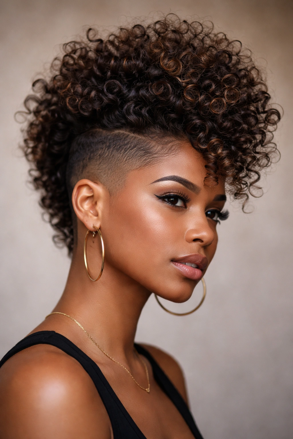 Close-up of woman with high-volume curly top and shaved sides