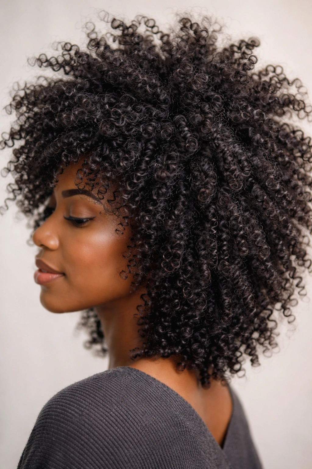 Close-up of high-volume textured coily hair showing crown lift and defined coils