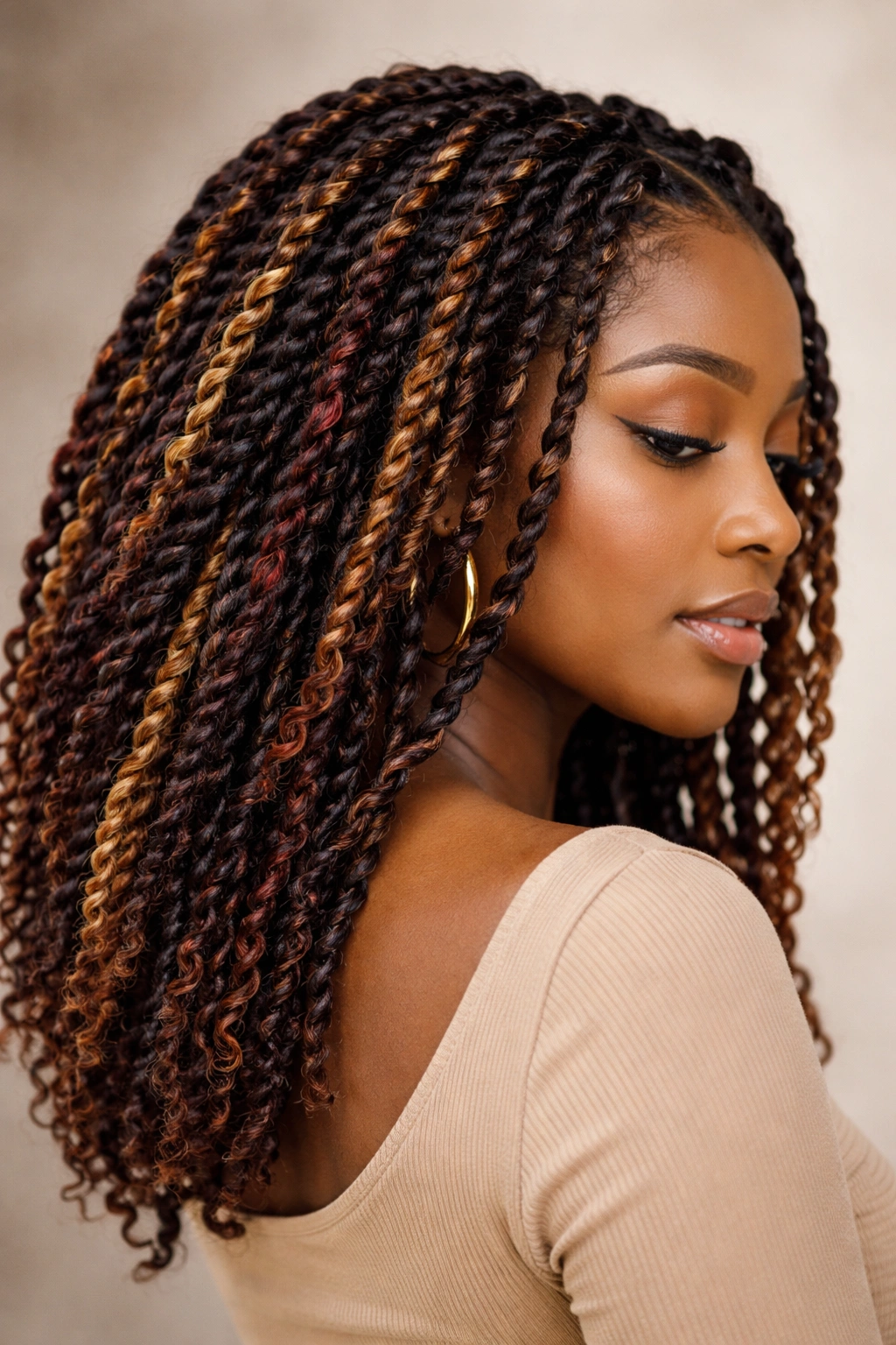 Close-up of dyed highlights on two-strand twists of a Black woman's hair