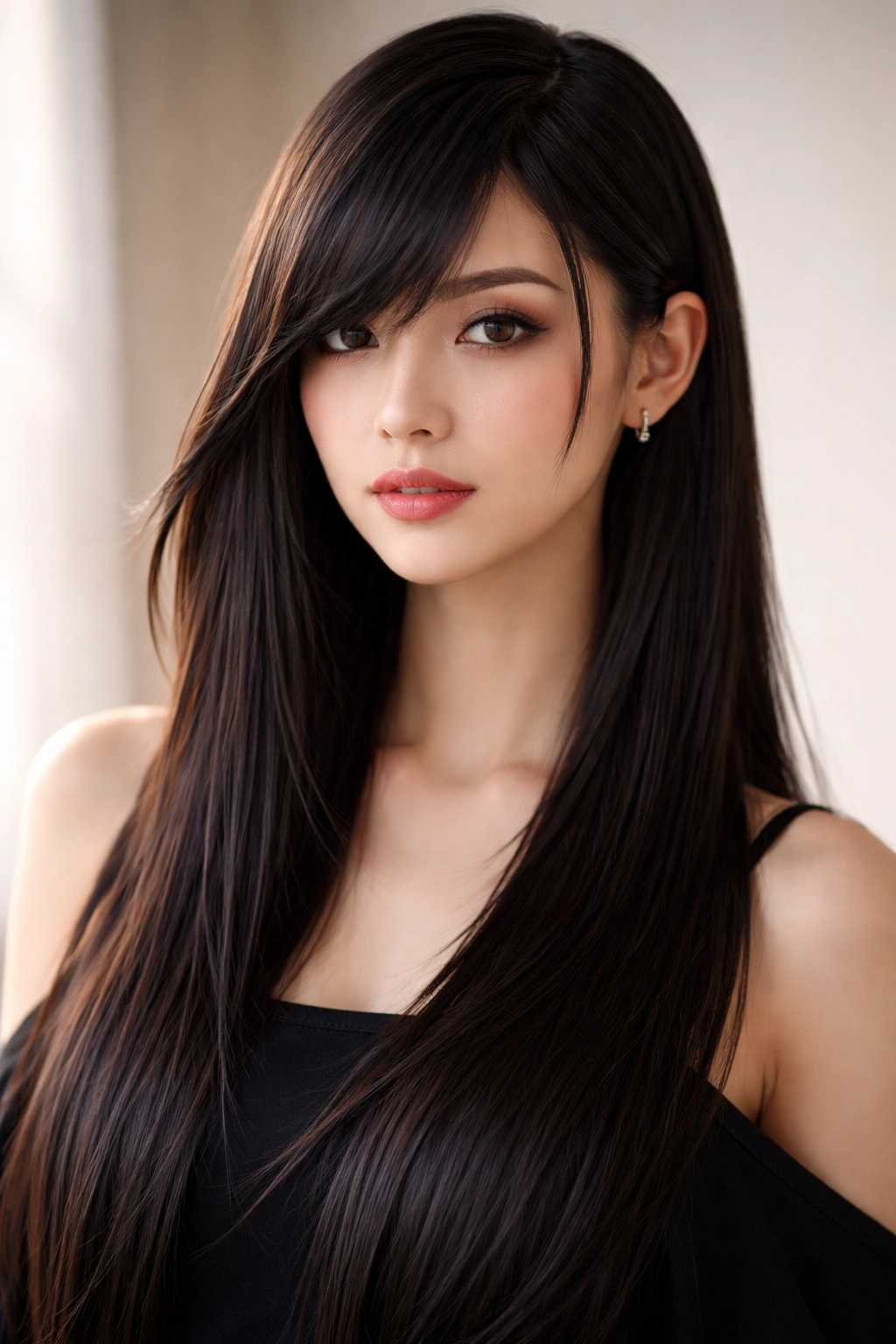 Portrait of hime cut with off-center part and mismatched side locks