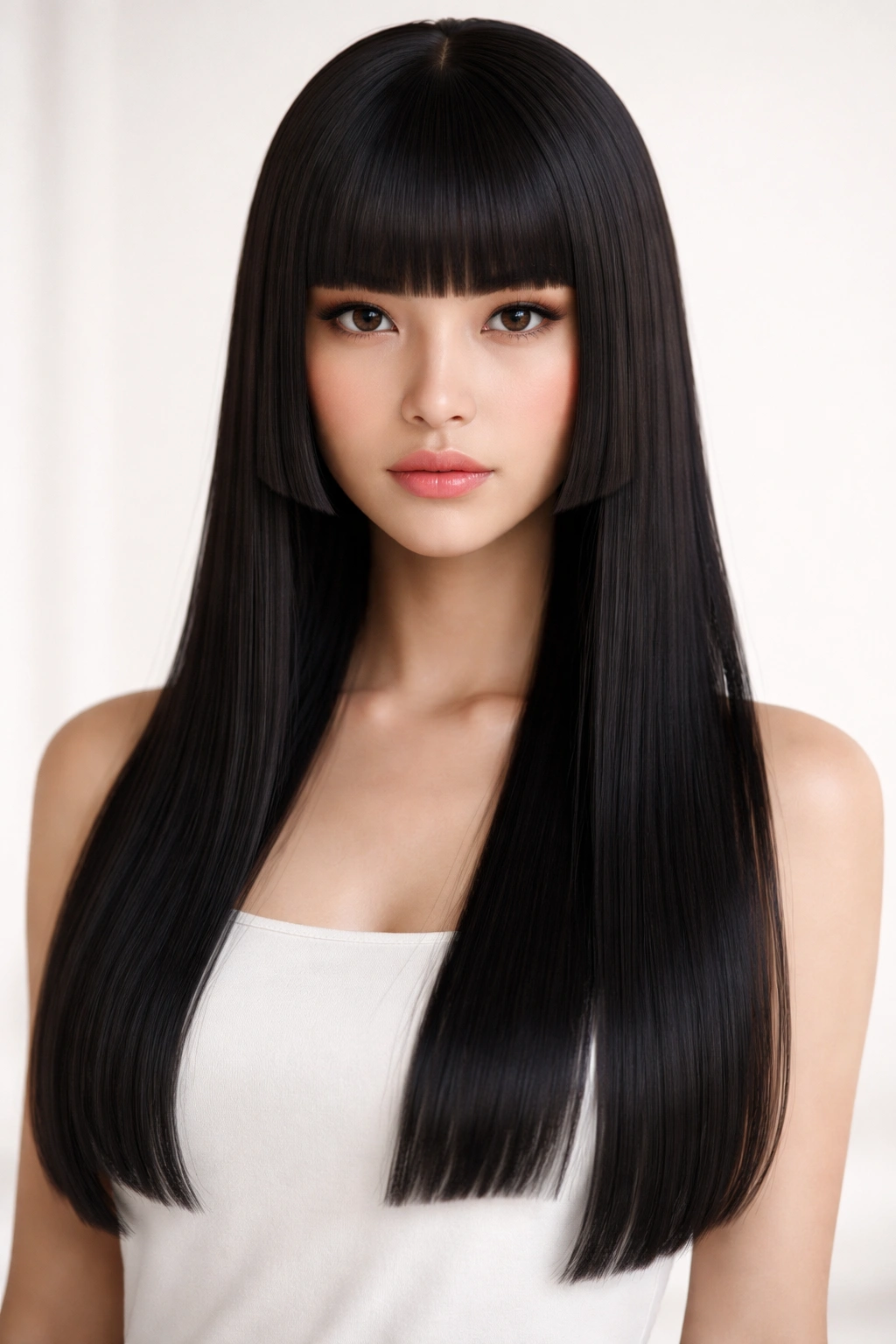 Portrait of hime cut with blunt bangs and long side locks