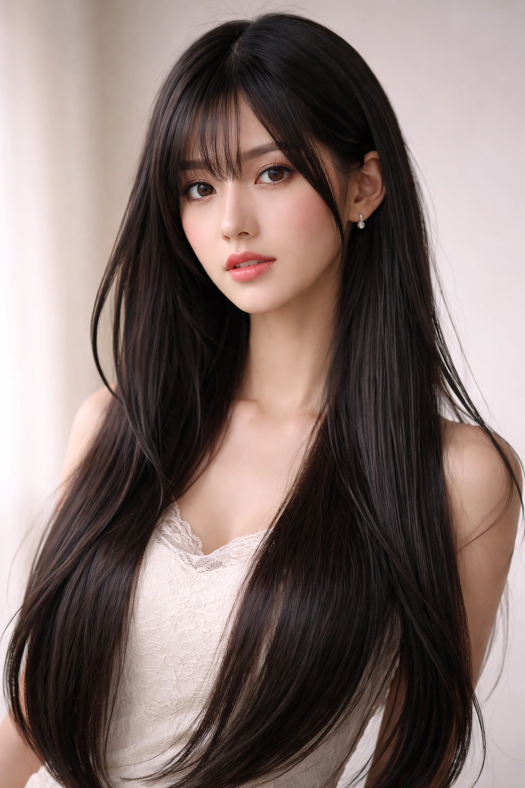 Portrait of a person with curtain-parted hime cut and flowing side sections