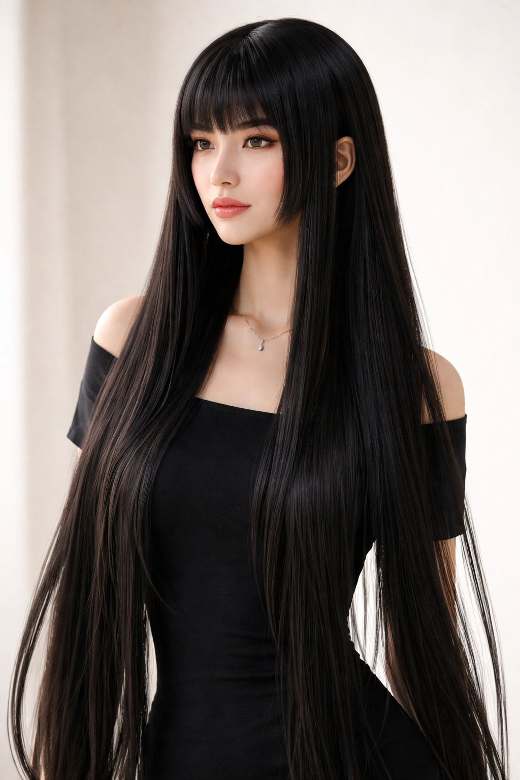 Portrait of a person with classic long hime cut and extended side locks flowing past shoulders