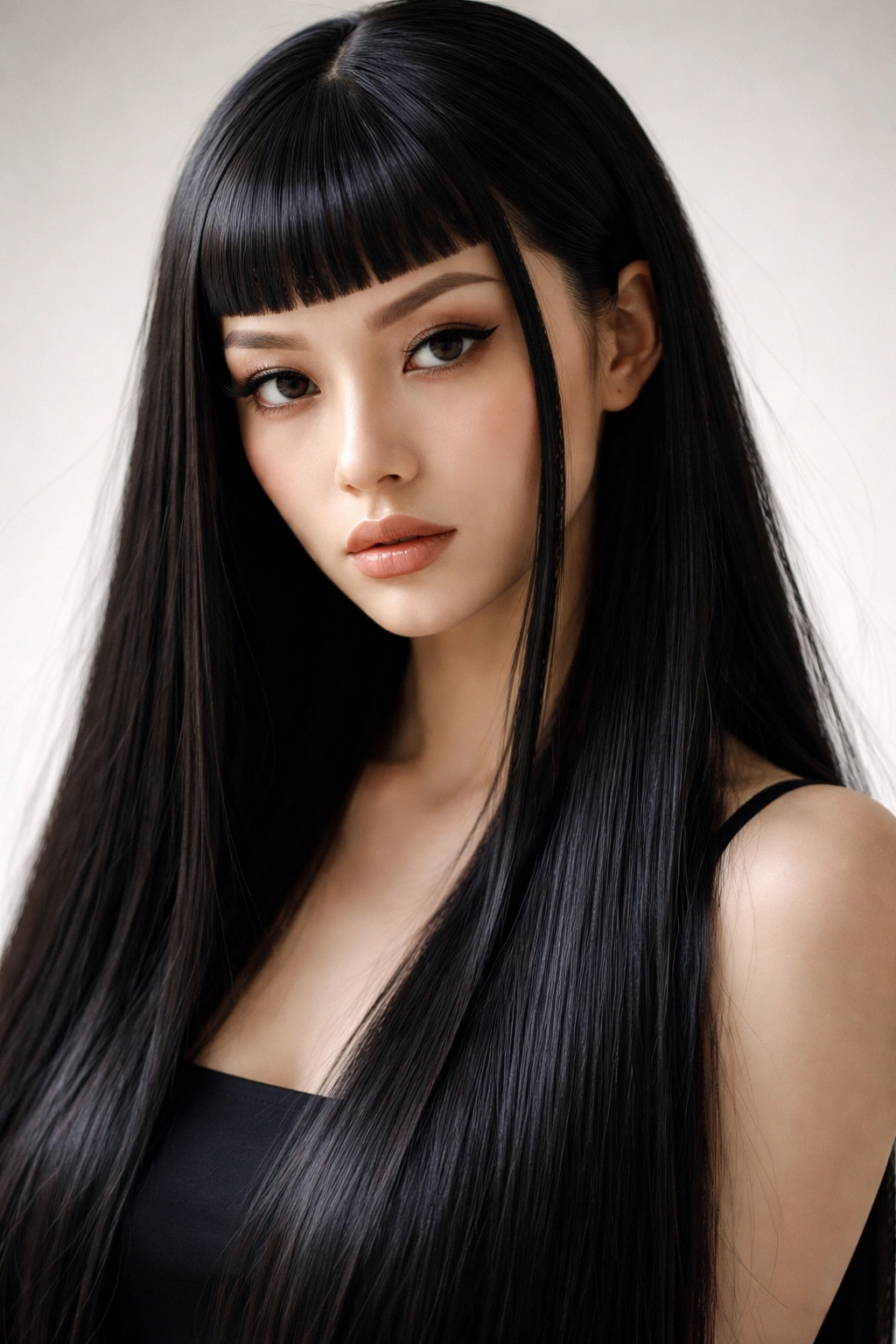 Portrait of a person with micro-bangs and long side locks in a bold hime cut