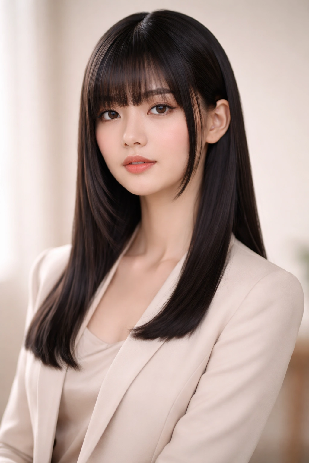 Portrait of a person with a minimalist hime cut and subtle proportions
