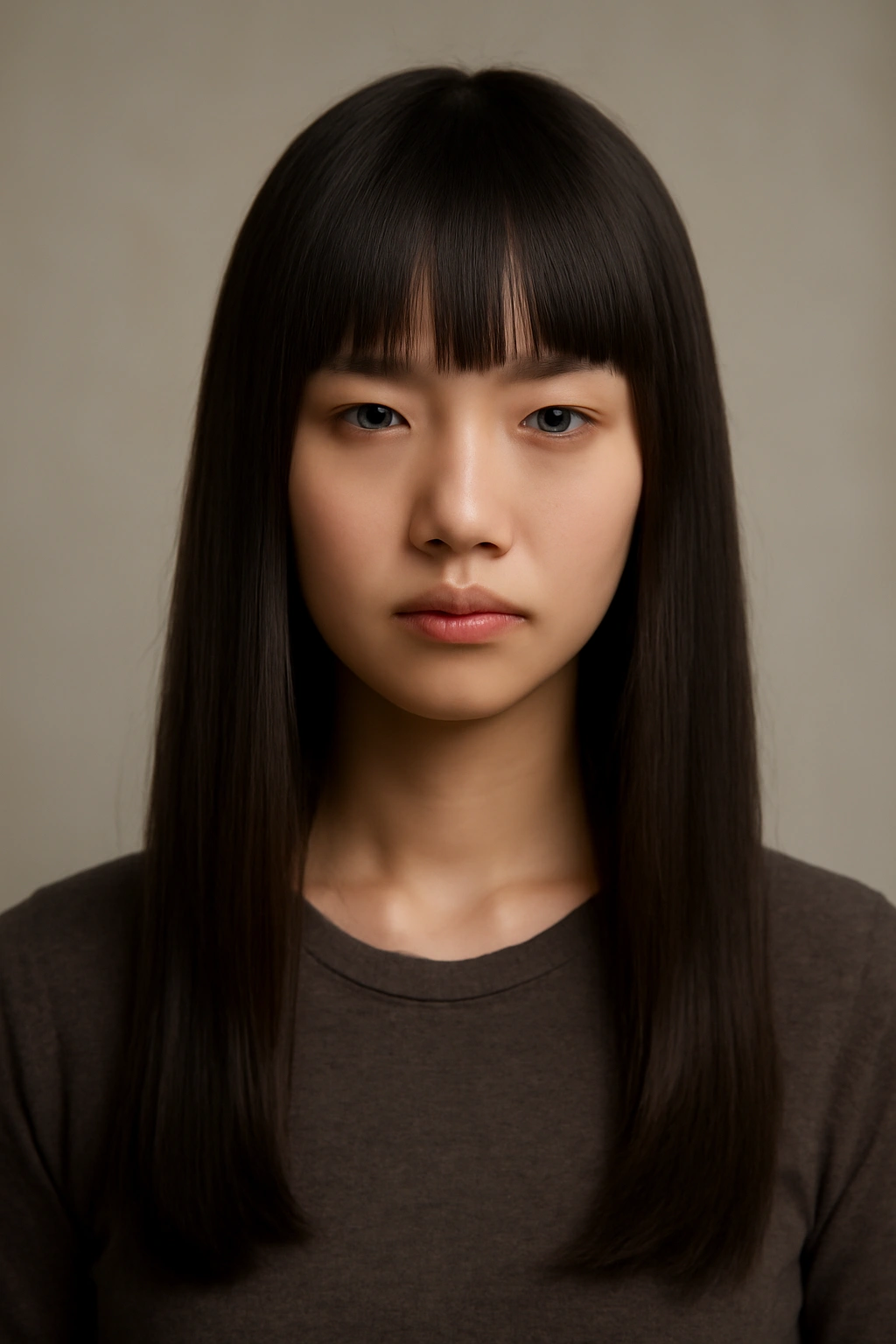 Portrait of a person with a classic hime cut featuring split bangs and long back hair