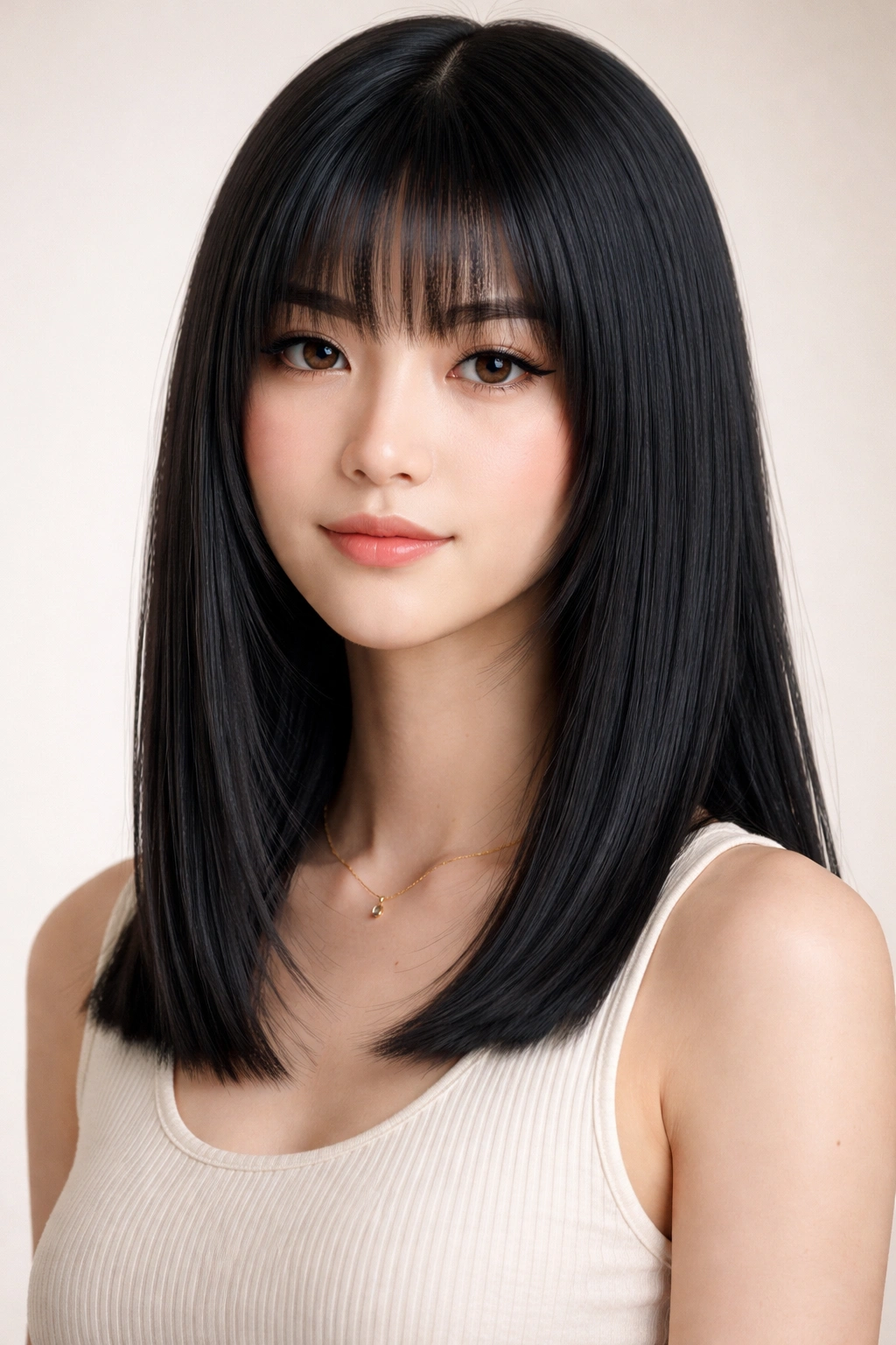 Portrait highlighting shoulder-length hime cut with face-framing side locks at shoulder level