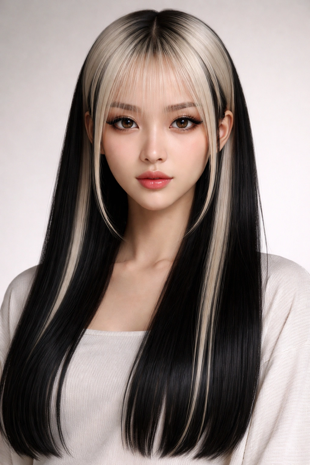 Portrait of a person with two-tone hime cut showing dark side locks and lighter crown on straight hair