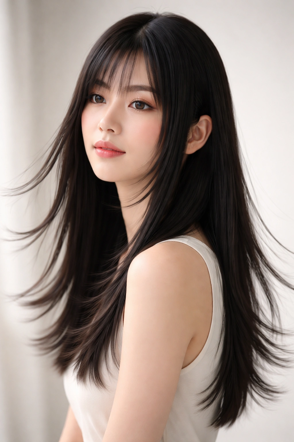 Portrait of hime cut with wispy, feathered ends for romantic movement