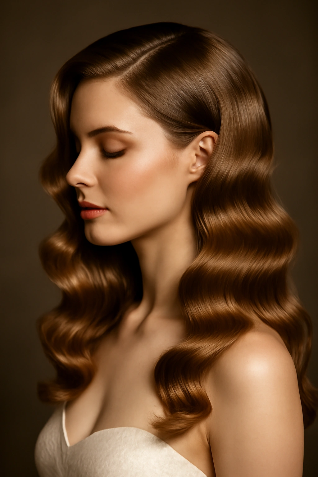 Classic Hollywood glam waves with glossy, flowing hair