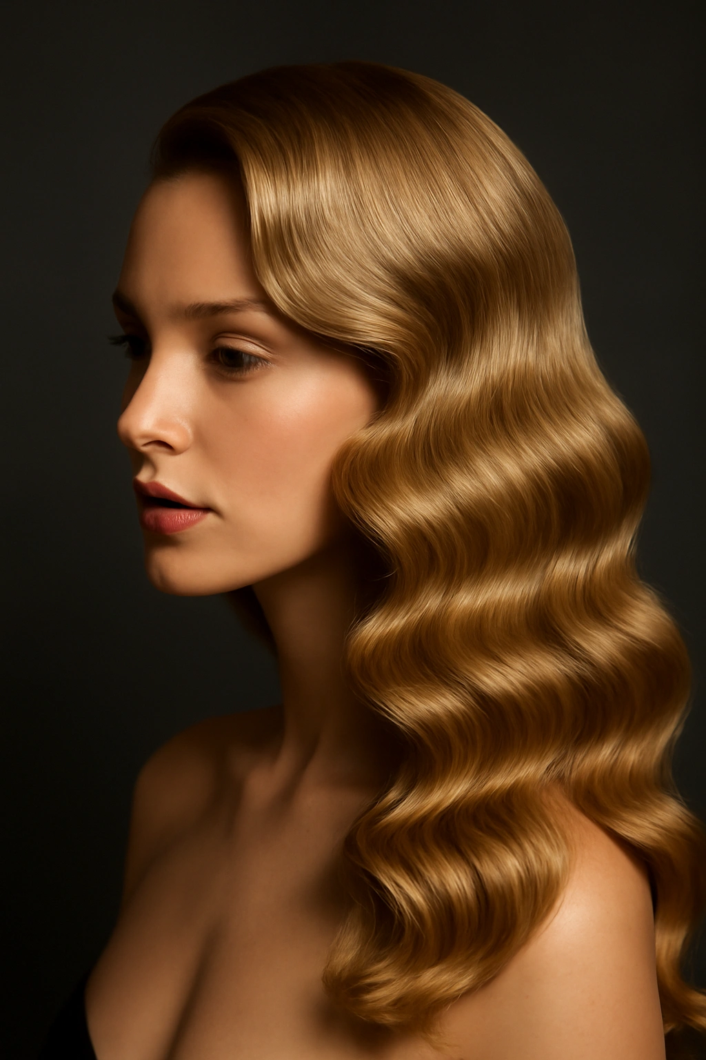 Defined Hollywood glam waves with side part and high shine