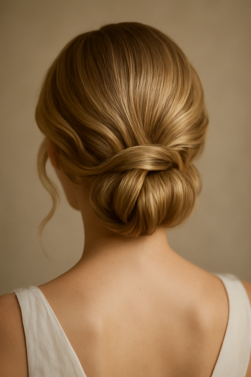 Back view of loose Hollywood waves forming a low chignon at the nape